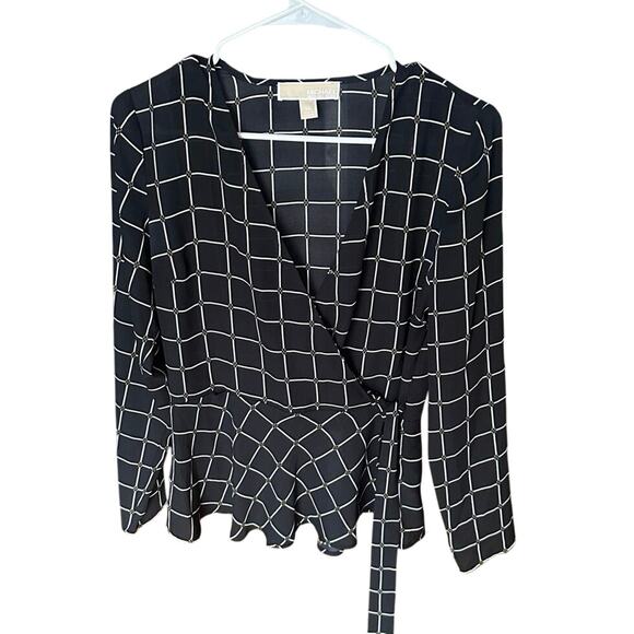 Michael Kors Surplice Peplum Blouse – Black & White Windowpane - Picture 1 of 7